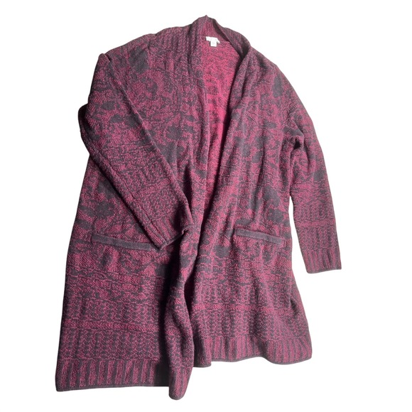 J. Jill Sweaters - J Jill Women's XL Burgandy Black Floral Jacquard Long Cardigan Sweater